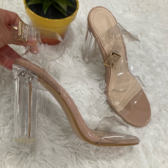 Clear strap heels chunky heel beige - Picture 2 of 10